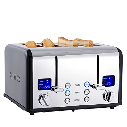 Toaster 4 Scheiben, CUSIMAX Toaster Edelstahl mit LED-Anzeige, 4 extra breite schlitze toaster schwarz, 2 individuelle Bedienfelder mit 6 Bräunungsstufen, Abbrechen, Aufwärmen & Auftauen Funktion - Schwarzer Edelstahl
