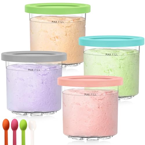 newkaijian Ersatz für Ninja Creami Deluxe Pints und Deckel-4-Pack & BPA frei, spülmaschinenfest, bunte Deckel, klare Eisbecher 16oz kompatibel mit NC300 NC299AMZ Eiscreme-Maschine