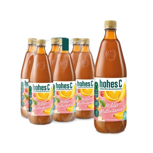 hohes C Milder Multivitamin (6 x 1l), 100% Saft, Apfel, Orange, Acerola, Mango, 7 Vitamine, ohne Zuckerzusatz laut Gesetz, weniger Säure, vegan, mit recyceltem PET - Mit Pfand