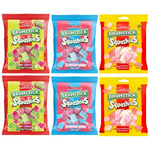 Swizzels Squashies Sweet Party Bundle 6 Packs x 160g Each Drumstick Squashies Sour Cherry and Apple Flavour & Bubblegum Flavour, Drumstick Squashies Original Flavour Raspberry and Milk