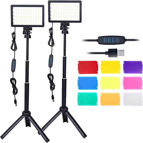 2Packs LED Video Light Kit with Adjustable Tripod Stands,Dimmable 10000K USB Video Photography Streaming Lighting with 9 Color Filters for Low-Angle Studio Shooting,Video Recording Conference YouTube - 22.44inch