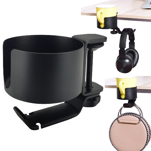 2 in 1 Anti-Spill Cup Holder with Under Desk Headphone Hanger
