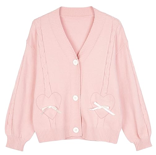 Women Kawaii Sweater Cardigan with Cute Bowknot and Heart S-2XL - XX-Large - Pink