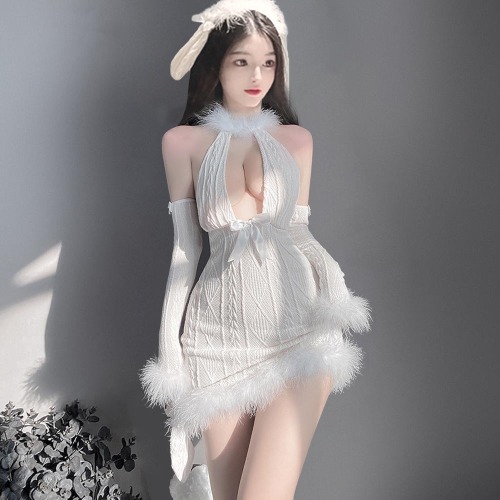 Fluffy Bunny Ear Bodycon Sweater Dress - White / L