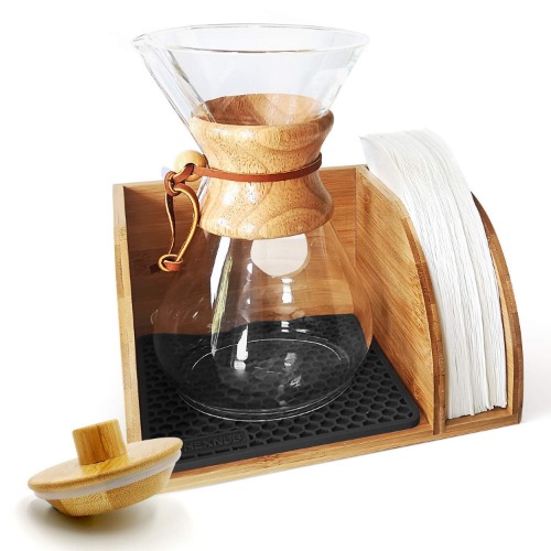 HEXNUB – Caddy and Lid for Chemex Coffee Makers, Bamboo Stand fits Collar Handle Chemex, Bodum, Coffee Gator Carafes, Heatproof Silicone Mat, Filter Holder Ideal for Pour Over Coffee Brewing - Black - Coffee Stand with Chemex Lid (Black mat)