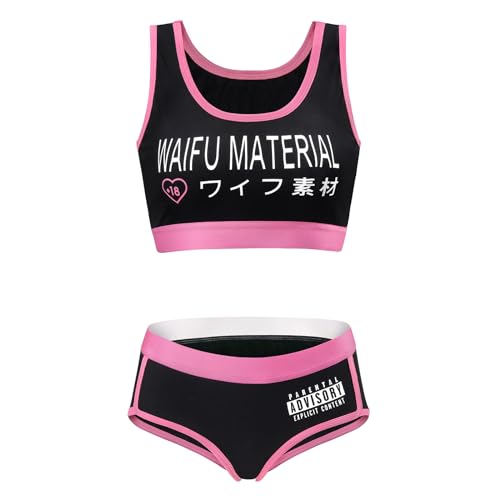 Littleforbig Women Cotton Camisole and Panties Sports Loungewear Waifu Material Bralette Set - Black/Pink - Medium