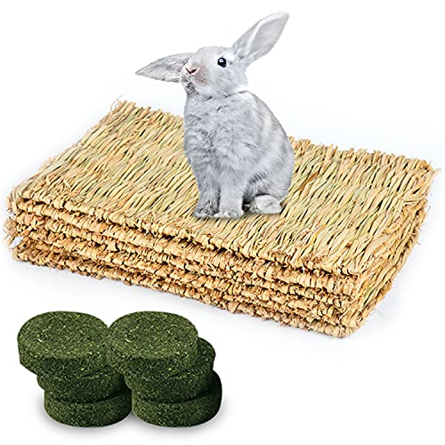 4Pack Rabbit Bunny Grass Bed Mat with 6Pcs Natural Chew Toys, Grass Mat Woven Bed Mat for Small Animal Bunny Bedding Nest, Chew Treats for Rabbit Bunny Chinchilla Guinea Pig Hamster, Bunny Teeth Care - Large - Yellow/Green
