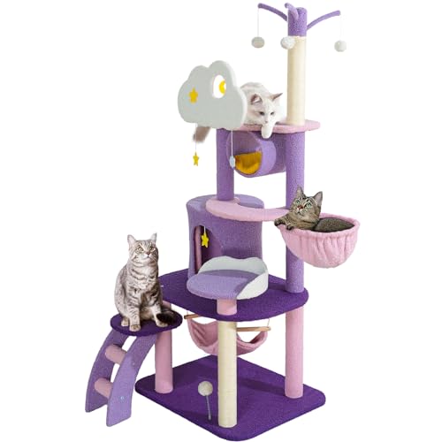 SENNAUX Multi-Level Cat Tower Cat Tree 65inch Cat Condos Adorable Cat Activity Trees for Indoor Cats Kittens Pet House with Sisal Scratching Post,Hammock,Cat Ladder&Cat Cando - 65“/5 Layers