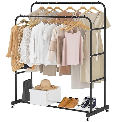 Laiensia Double Rods Clothing Rack with Wheels, Garment Rack for Hanging Clothes, Multi-functional Bedroom Clothes Rack, Black - Black