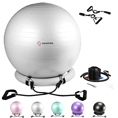 NEUMEE Exercise Ball Chair with Resistance Bands, Yoga Ball Office Chair with Stability Base for Home Gym, Workout Ball for Fitness, Large Size 65 cm - Grey