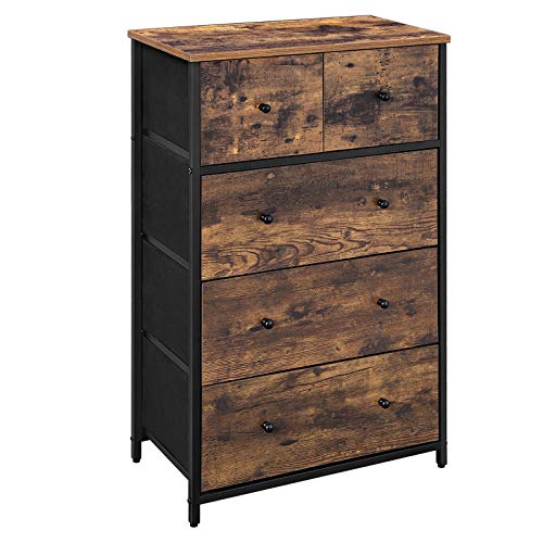 SONGMICS Drawer Dresser, Storage Dresser Tower with 5 Fabric Drawers, Dresser Unit, for Hallway, Rustic Brown and Classic Black ULGS45H - Rustic Brown + Classic Black