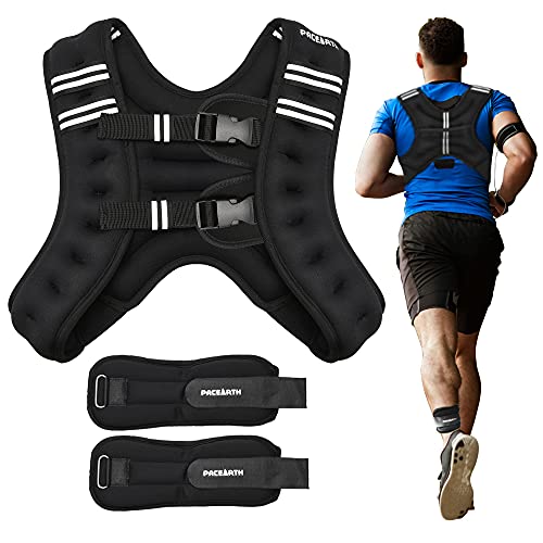 PACEARTH Weighted Vest with Ankle/Wrist Weights 6/12/16/20/25/30lbs Adjustable Body Weight Vest with Reflective Stripe Workout Equipment for Strength Training, Cardio, Walking, Jogging, Running-Men Women - 12.0 pounds