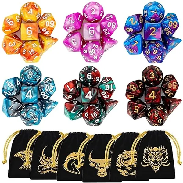 QMay DND Dice Sets - 6 X 7 Polyhedral Dice (42pcs) with 6 Drawstring Bags for Dungeons and Dragons, RPG, MTG,Role Playing Table Game - 6 sets-42pcs