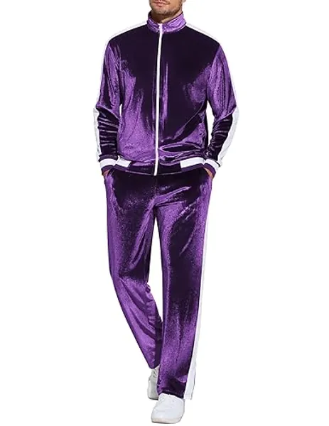 COOFANDY Mens Tracksuit 2 Piece Set Velour Velvet Sweatsuit Jogging Suits Full Zip Jacket Pants Outfits - Large - Light Purple