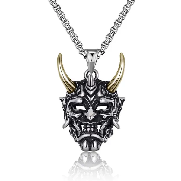 Japanese Ghost Skull Mask Necklace - Gold