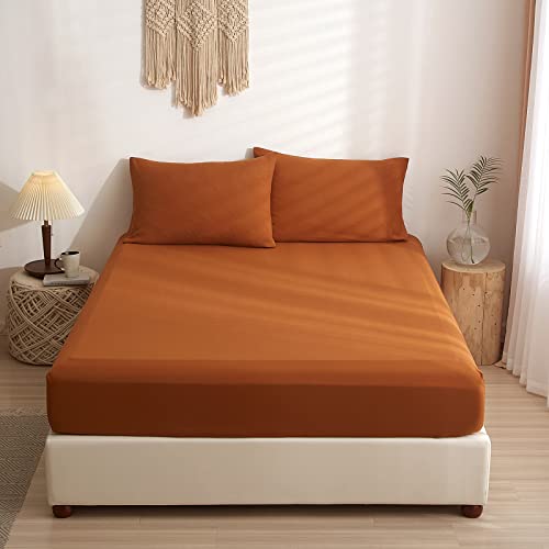VClife Twin XL Boho Pumpkin Fitted Sheet Breathable Super Soft Caramel Bedding Fitted Sheet with Deep Pocket, Comfy Washed Microfiber 1 pc Bed Fitted Sheet, Fade Resistant, Gift for Boy Girl Woman Man - Twin - Caramel Pumpkin