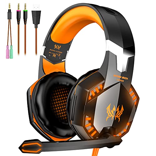 VersionTECH. G2000 Gaming Headset, Bass Surround Gaming Headphones with Noise Cancelling Mic, LED Lights, Soft Memory Earmuffs for PS5/ PS4/ Xbox One Controller/Laptop/PC/Mac/Nintendo NES Games-Yellow - Orange