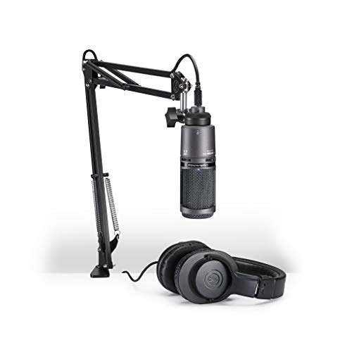 Audio-Technica AT2020USB+PK Vocal Microphone Pack for Streaming/Podcasting, Includes USB Mic w/Built-In Headphone Jack & Volume Control, Boom Arm, & Headphones - AT2020USB+PK - Microphone - Black
