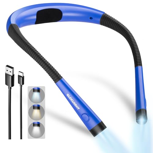 Glocusent LED Neck Reading Light, Book Light for Reading in Bed, 3 Colors, 6 Brightness Levels, Bendable Arms, Rechargeable, Long Lasting, Perfect for Reading, Knitting, Camping, Repairing - original - Blue