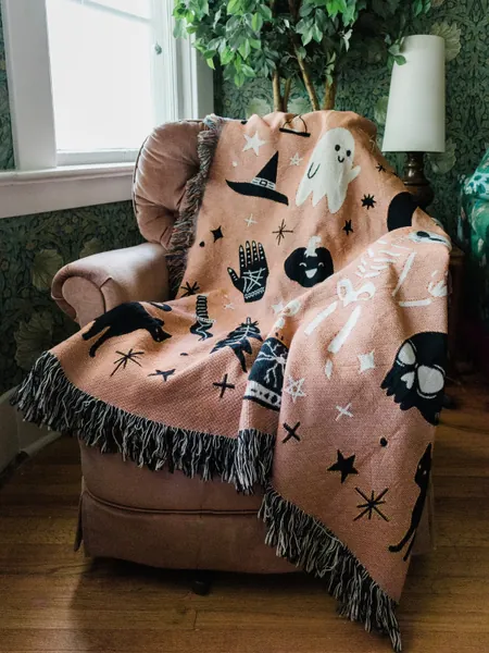 Halloween Woven Throw Blanket: Black & Off White, Cute Kawaii Ghost, Goth Occult Creepy Decor, Witch Decor