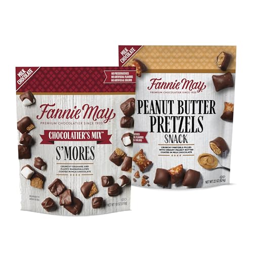 Fannie May, Milk Chocolate Candy, S'mores Snack Mix and Peanut Butter Pretzel Snack, 2 Pack, Holiday Gift Bags, 18 Oz and 22 Oz