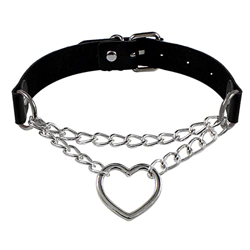 Olbye Lock Heart Choker Necklace Short Black Leather Necklace Punk PU Collar Necklaces Cosplay Necklace Link Chain Gothic Necklace Jewelry for Women and Girls (#2 Heart Chain)
