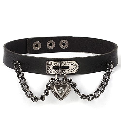 Olbye Lock Heart Choker Necklace Short Black Leather Necklace Punk PU Collar Necklaces Cosplay Necklace Link Chain Gothic Necklace Jewelry for Women and Girls - #1 Heart Lock