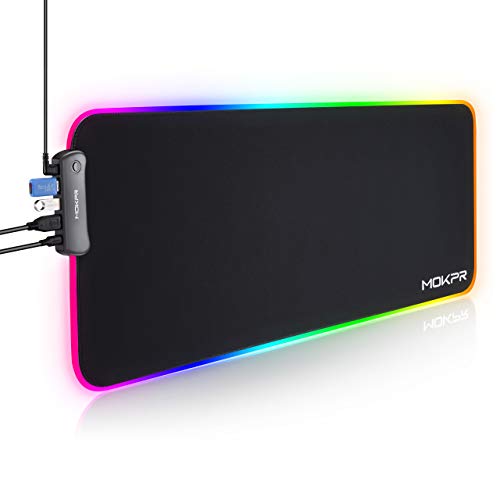 RGB Gaming Mouse Pad with 4-Port USB Hub, LED Soft Extended Large Size Mousepad, 16 Color 3 Brightness Mouse Mat, Non-Slip Rubber Base for Desk Laptop Computer PC Games (31.5×11.8x0.16in)