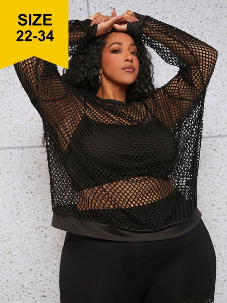 SHEIN CURVE+ Plus Hollow Out Drop Shoulder Sweatshirt Without Bra