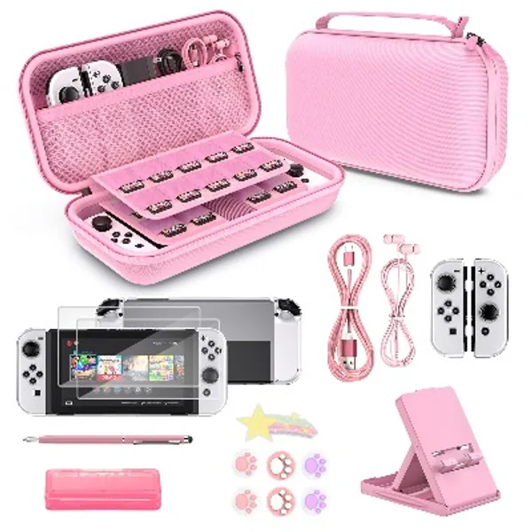 Switch Carrying Case for Switch OLED- 18 in 1 Pink Switch Accessories Bundle Include Switch Case, Protective Case, Screen Protector, Switch Game Case, Switch Stand (Pink)