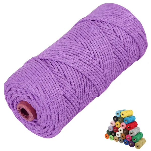 Macrame Cord 3mm x109 Yards Colored Macrame Cotton Cord, 4 Strand Twisted Macrame Yarn, Natural Cotton Cord Perfect Macrame Supplies for DIY Crafts Knitting Plant Hangers (Purple) - 3mm*109Yards Purple