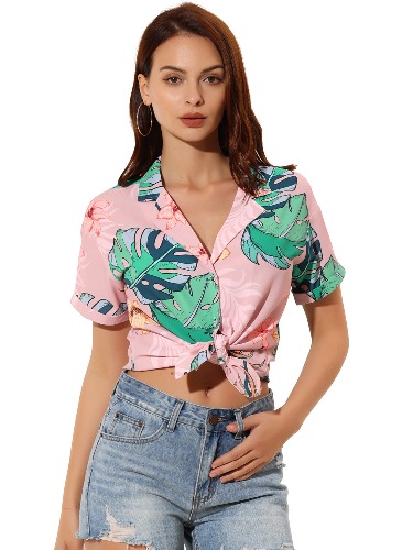 Allegra K Women's Hawaiian Shirts Crop Top Floral Leaves Printed Short Sleeve Tropical Button Down Shirt - Medium Dusty Pink