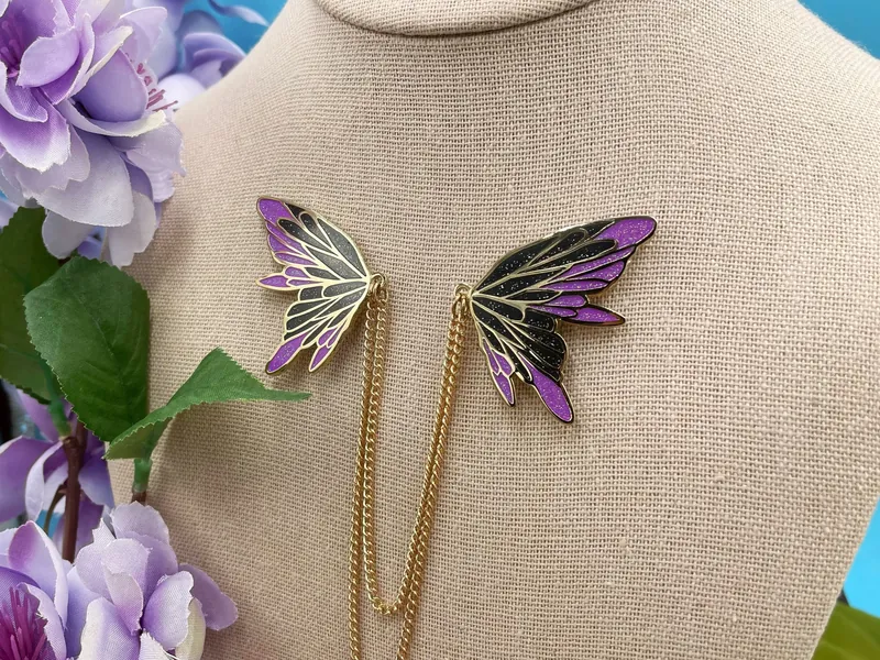 Shadow Fairy Butterfly Wings Hard Enamel Collar Pins with Gold Plate and Glitter