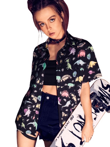 SweatyRocks Women's Short Sleeve Cute Print Button Down Shirt Tops - Medium Black Dinosaur