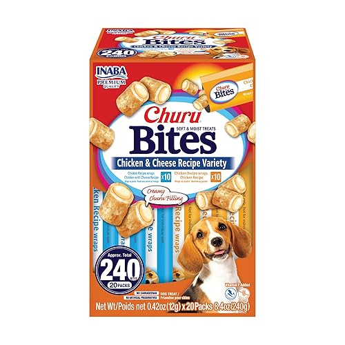 INABA Churu Bites Dog Treat, Grain-Free, Baked Chicken Filled with Churu, Chicken Recipe Wraps Chicken Recipe & Cheese Recipe 20 Pack Variety - Chicken & Cheese Recipe Variety - 0.42 Ounce (Pack of 20)
