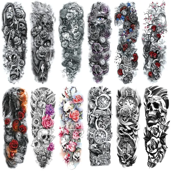 Skull Sleeve Tattoo Stickers, Fake Skull Full Arm Temporary Tattoos Sleeves for Adult Kids Women Makeup, 12-Sheet