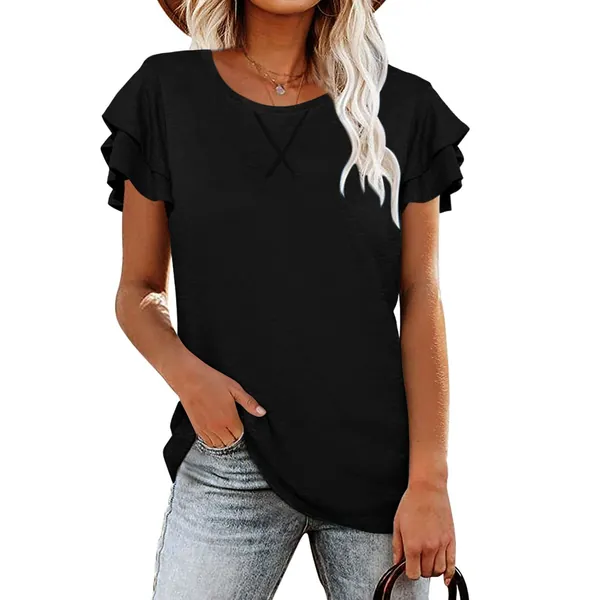 BESFLY Tee Shirts for Women Shirts Overlap Ruffle Short Sleeve Tees Casual Summer Tops Blouses