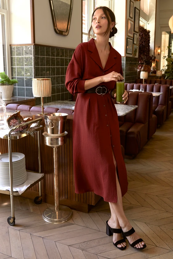 Timeless Class Rust Collared Button-Up Pleated Midi Dress