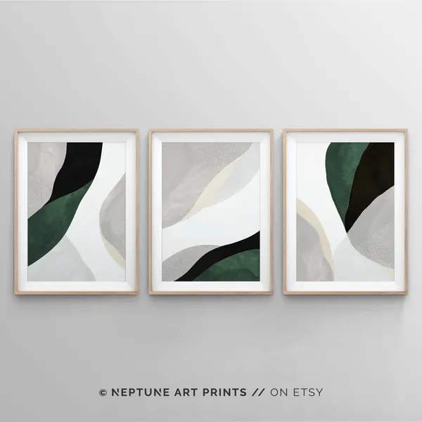 Green Wall Art, Sage Green Decor, Bedroom Wall Art, Dark Green Wall Decor, 3 Piece Wall Art, Large Dining Living Room Abstract Art Prints