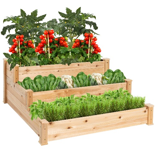 Best Choice Products 3-Tier Fir Wood Raised Garden Bed Planter Kit for Plants, Herbs, Vegetables, Outdoor Gardening w/ Stackable & Flat Arrangement, Easy Assembly - Natural - 