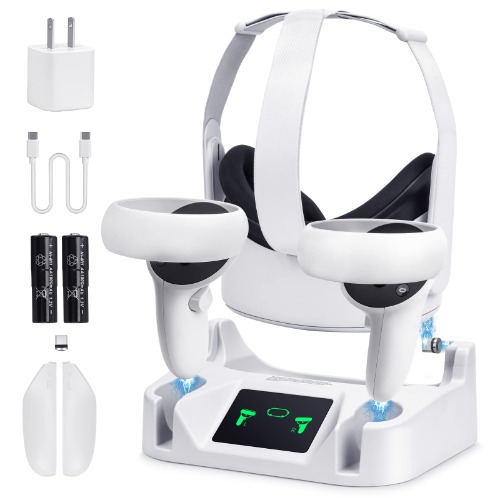 Charging Dock for Meta Quest 2,VR Charging Station for Oculus Quest 2 Touch Controller and VR Headset with 2 Rechargeable Batteries and USB-C Charger,Support Elite Strap with Battery - White