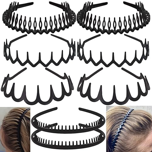 ULTIMUTE 8 PCS Fashion No Slip Effortless Plastic Headbands with Teeth Comb Black Skinny Hair Accessories Bands for Women Men Teen Girls, Matte Black - Matte Black