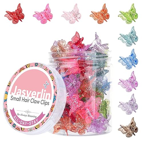 JASVERLIN Glitter Mini Butterfly Hair Claw Clips, Sparkly Colorful Hair Accessories for Girls and Women - 90s Y2K Cute, Small, Tiny Clip in 10 Assorted Colors, Set of 50 (Glitter) - Glitter