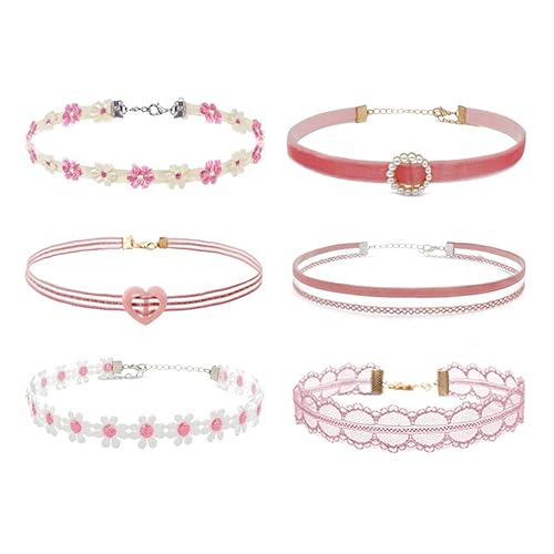 Palotay Black Choker Necklace Set Velvet Lace Choker Daisy Gothic Punk Classic Choker - 6pcs-pink