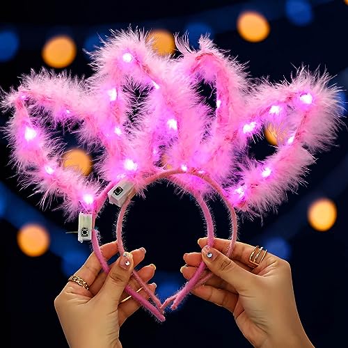 Werhonton Light Up Headbands LED Bunny Ears Headband Easter Christmas Halloween Hair Accessories for Women and Girls(2Pcs) (Pink/Pink) - Pink/Pink