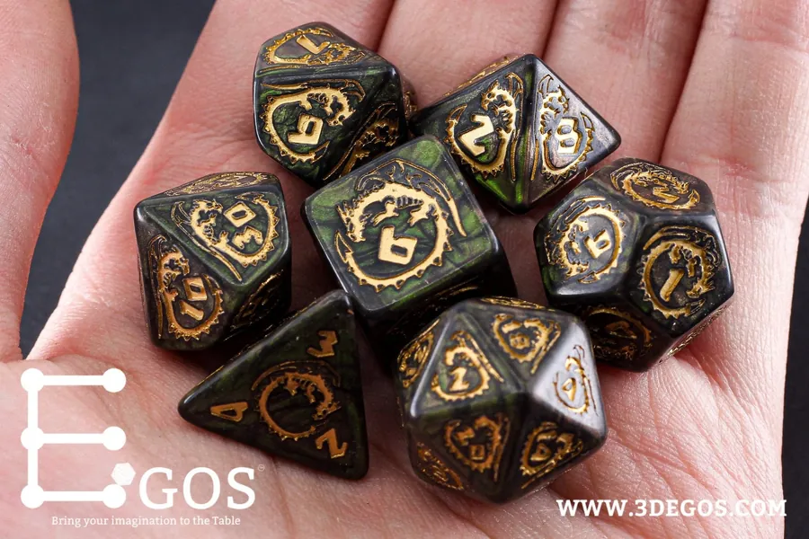 Green Nature Dragon  Dice Set for Dungeons and Dragons, D&D, Pathfinder, D20 Polyhedral Resin Dice, Fit in Box, Tower