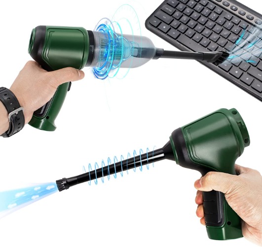 Compressed Air Duster, Keyboard Cleaner, 3-in-1 Mini Vacuum, 35000 RPM Electric Canned Air Kit, Cordless Air Can for Computer Desk Electronics Dust Cleaning, Air Blower Rechargeable Battery - Green-black