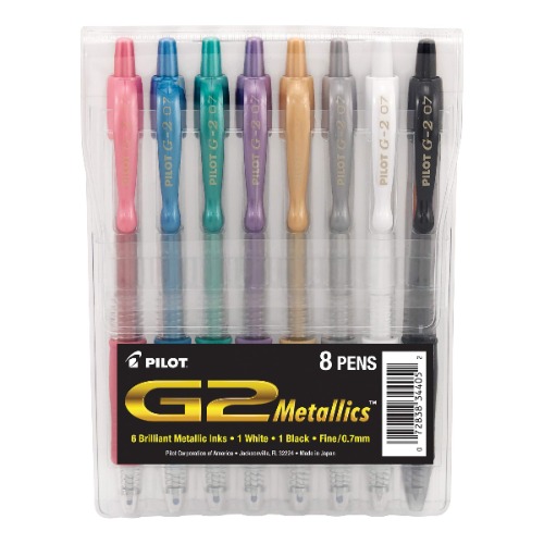 PILOT G2 Metallics Refillable and Retractable Rolling Ball Gel Pens, Fine Point, Assorted Color Inks, 8-Pack Pouch (34405) - 8 Count (Pack of 1) Assorted Colors