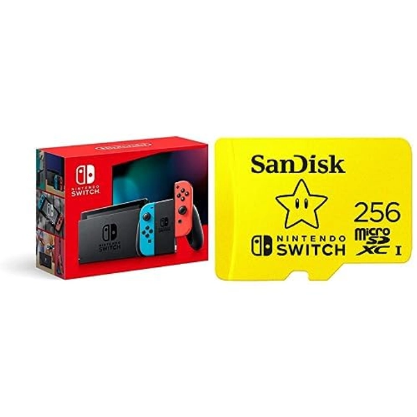 Nintendo Switch™ with Neon Blue and Neon Red Joy‑Con™ and SanDisk 256GB microSDXC Card, Licensed Switch