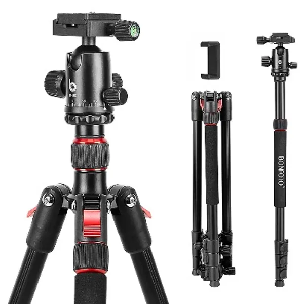 BONFOTO B168 Kamera Stativ Einbeinstativ, 178cm Kompakt Aluminiumlegierung Reisestativ mit Handy Halterung, Kugelkopf und Stativtasche